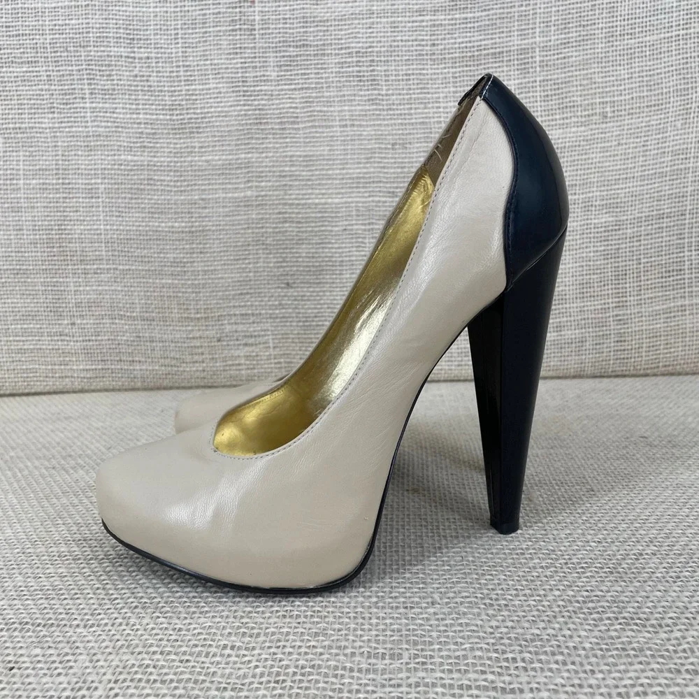 Cathy Jean‎ Brazil Beige Black Leather Colorblock Stiletto Pumps Heels 7M